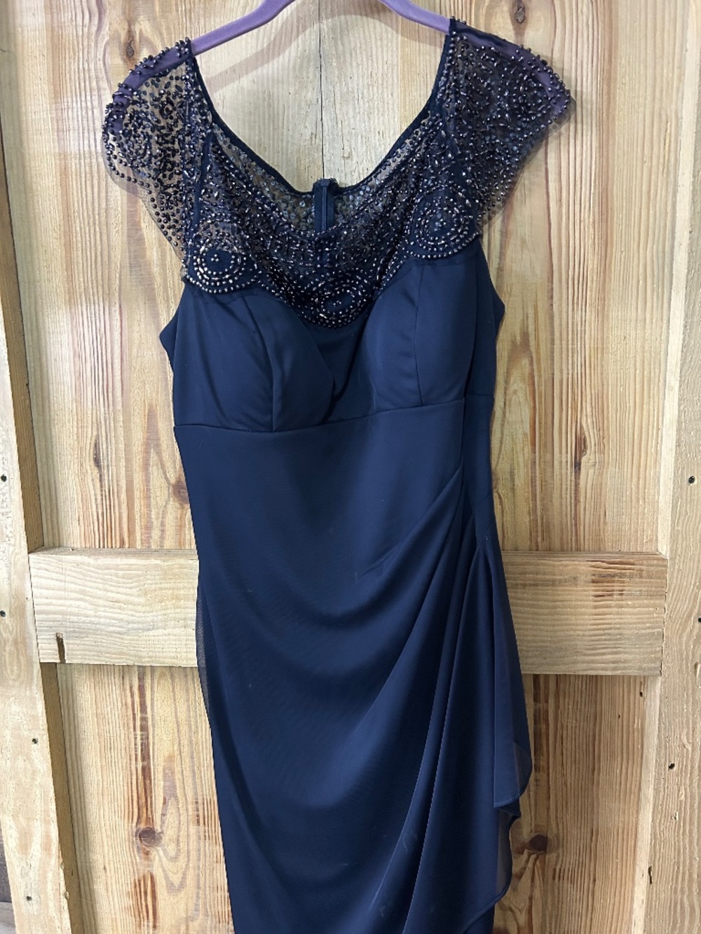 Xscape Beaded Illusion Yoke Sheath Dress Navy Blue Midi Ruched Cockail Formal